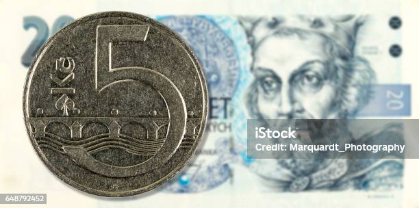 5 Koruna Coin Against 20 Czech Koruna Bank Note Obverse Stock Photo - Download Image Now