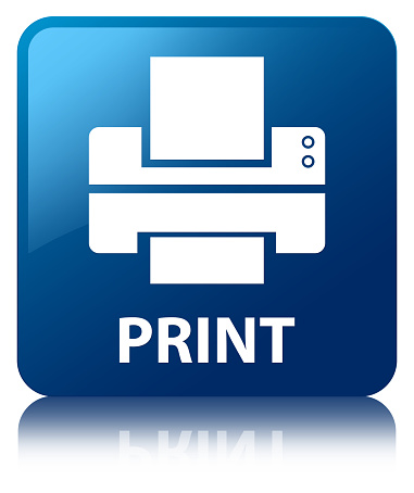 Print (printer icon) isolated on blue square button reflected abstract illustration