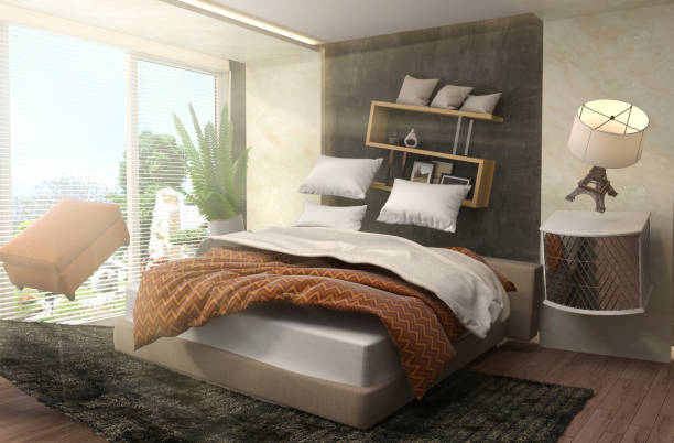 istock Zero Gravity furniture hovering in living room. 3D Illustration 648799744