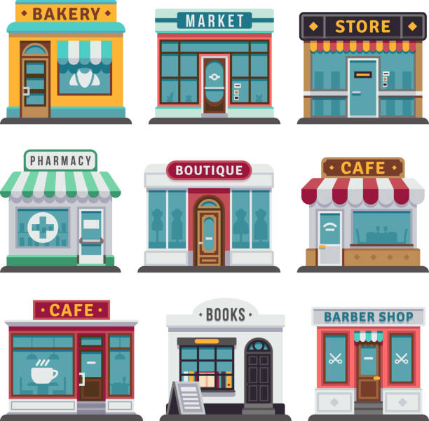 ilustrações de stock, clip art, desenhos animados e ícones de retail business urban shop, store - fachada loja