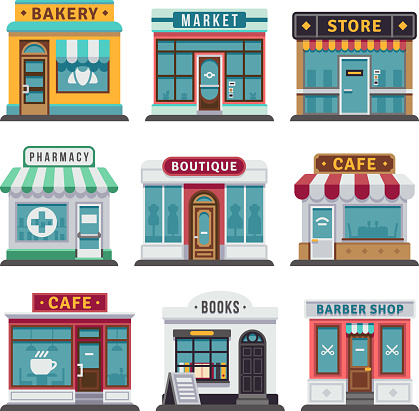 Retail business urban shop, store. Market and bakery, cafe and boutique store, vecto barber shop illustration