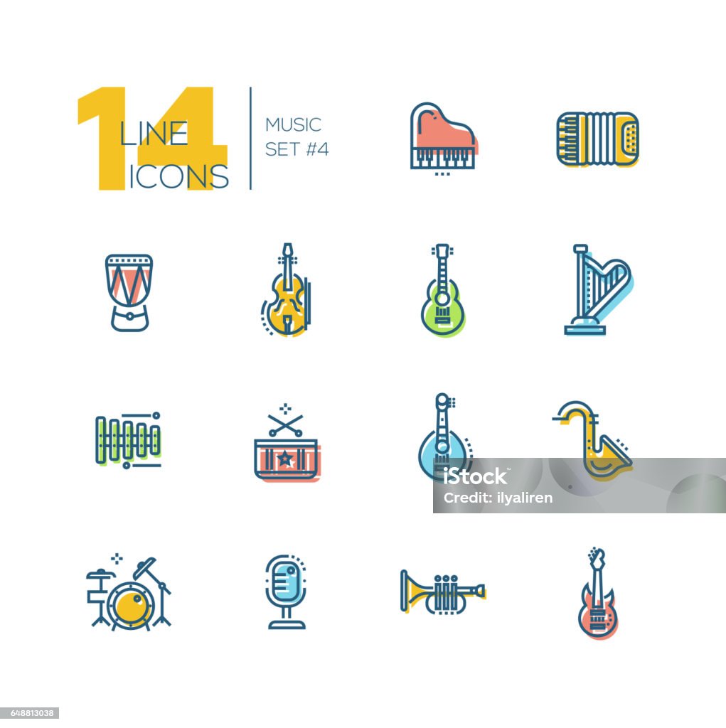 Musical Instruments - thick line icons set Musical Instruments - modern vector thick line design icons set with accent color. Piano, accordion, kettledrum, violin, guitar, harp, metallophone, saxophone banjo drum kit microphone trumpet. Material design concept symbols Icon Symbol stock vector