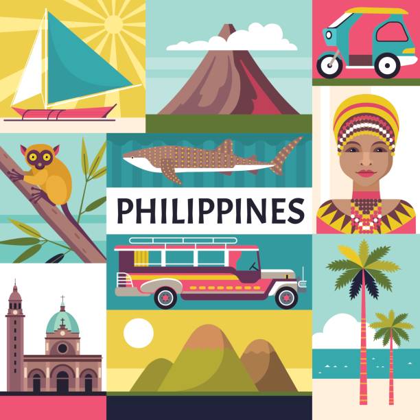 Philippines travel poster. Vector illustration of Philippine culture and nature icons, including Fort Santiago, portrait of a woman, tricycle, jeepney and a whale shark. national capital region philippines stock illustrations