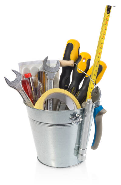 istock Handyman tool set: screwdrivers, wrenches, tape, pliers, measuring, tape, flashlight. 648826572