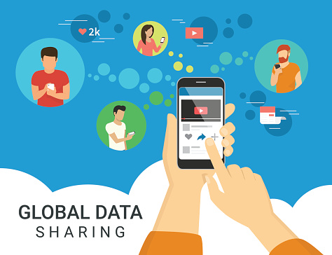 Global data sharing data concept illustration of young people using mobile smartphone to share posts and news in social networks. Flat human hand holds smart phone to make repost of video and news