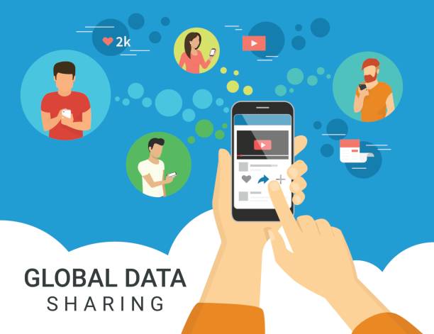 Global data sharing concept illustration Global data sharing data concept illustration of young people using mobile smartphone to share posts and news in social networks. Flat human hand holds smart phone to make repost of video and news student backgrounds stock illustrations