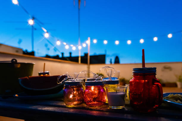 Party decoration on rooftop at dusk