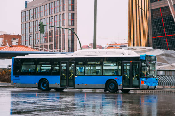 istock Blue bus at street 648850182