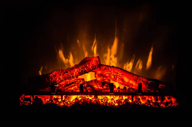 istock Electric fireplace with orange and yellow fire flame 648850196