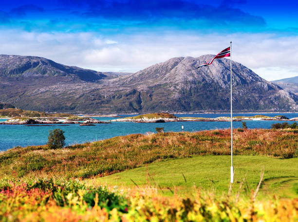 istock Norway camping flag landscape background 648863922