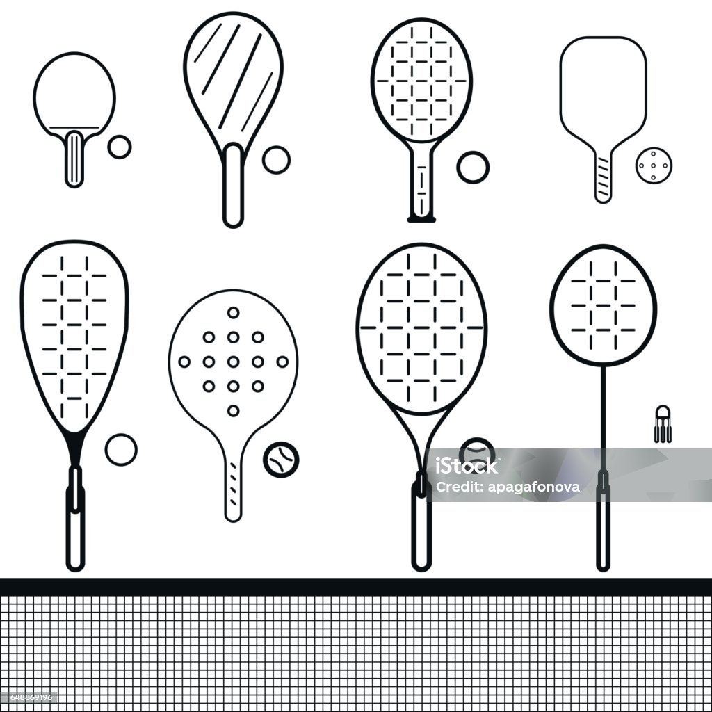 set of rackets and balls vector icons set of different game rackets, balls and shuttlecock to play to badminton, table and big tennis, beach  and platform tennis, pickleball, squash on white isolated backgrounds Pickleball stock vector