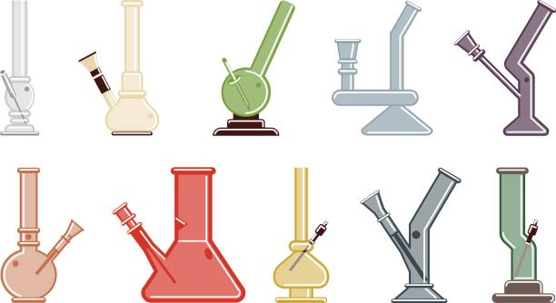 Isolated bongs set. Isolated bongs set on white background. Bongs and waterpipes. Colorful smoking equipment made of glass. bong stock illustrations