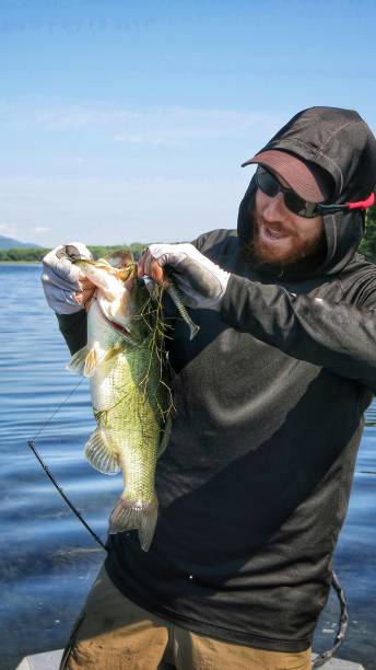 istock Male Age 30s Catches Largemouth Bass Fish, Lake champlain, NY 648877872
