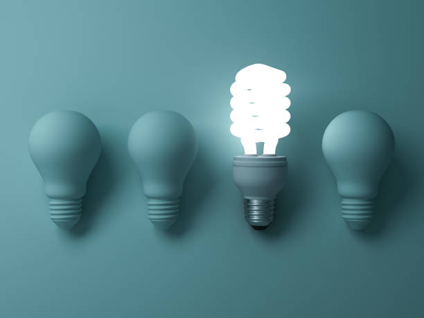 istock Eco energy saving light bulb , one glowing fluorescent lightbulb standing out from unlit incandescent bulbs on green background , individuality and different creative ideas concepts 648891662