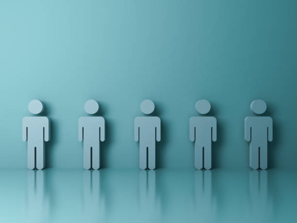 istock Group of people standing on green background with reflections and shadows 3D 648891708