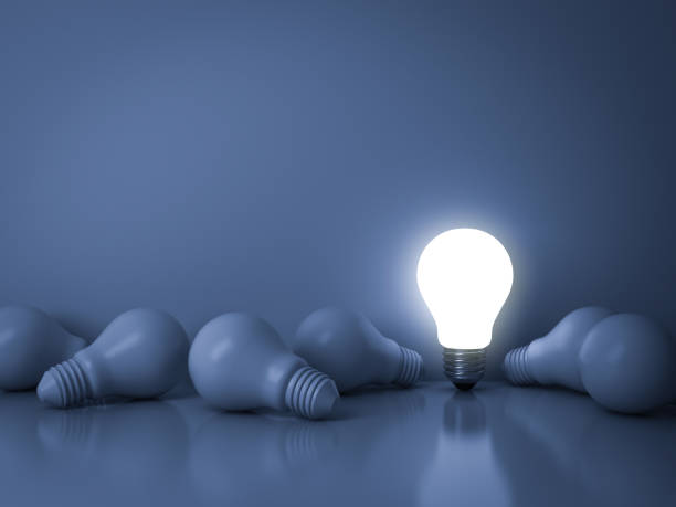 istock One glowing light bulb standing out from the unlit incandescent bulbs on blue background with reflection , individuality and different creative idea business concepts 648892012