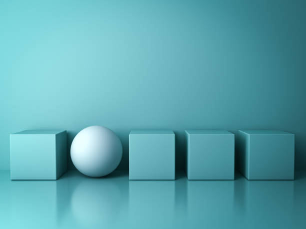 Stand out from the crowd and different creative idea concepts , One white sphere standing among green square boxes on green background in the row with reflections and shadows