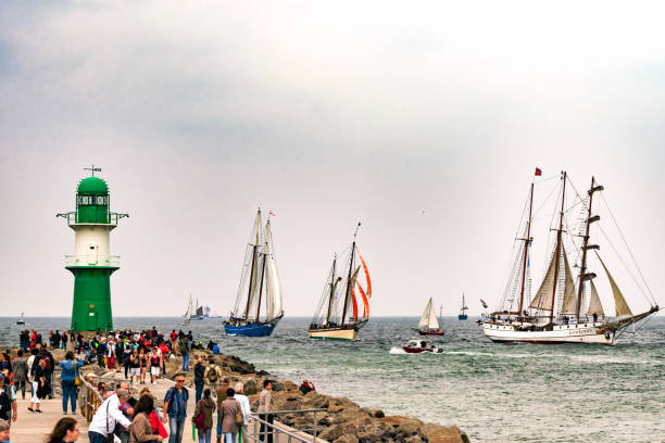 Rostock, Germany - August 2016: Sailing ships on the sea. Tall Ship.Yachting and Sailing travel. Cruises and holidays. Hanse-Sail Warnemuende at port Rostock, Mecklenburg-Vorpommern, Germany