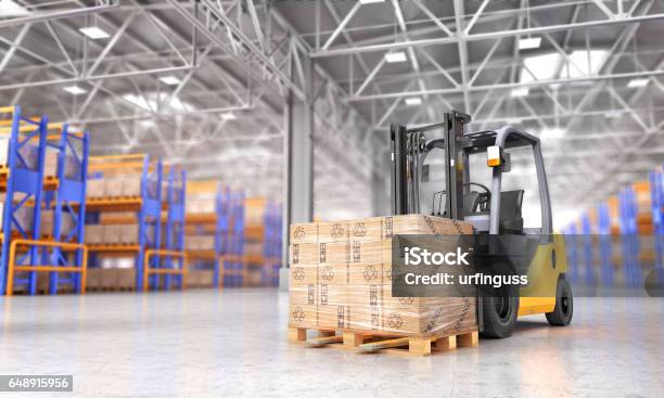 Concept Of Warehouse The Forklift In The Big Warehouse On Blurred Background 3d Illustration Stock Photo - Download Image Now