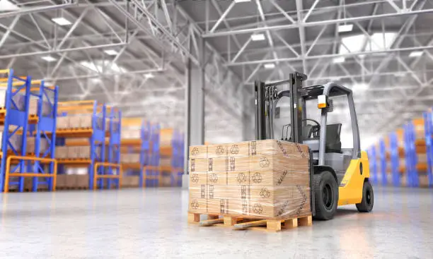 Photo of Concept of warehouse. The forklift in the big warehouse on blurred background. 3d illustration