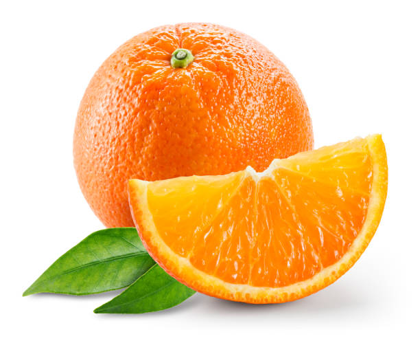 istock Orange fruit with slice and leaves isolated on white background. 648918166