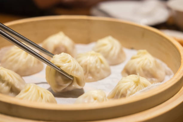 Xiaolongbao,steamed dumpling on the plate stock photo