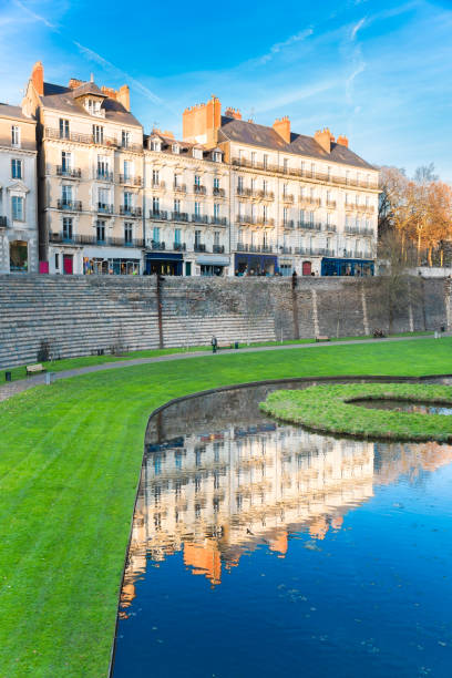 Moat and walls in the old town of Nantes, France stock photo