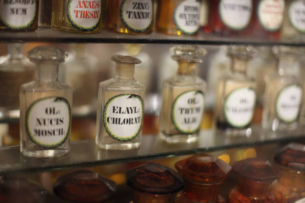 istock Shelves with medicines in the old pharmacy. 648939258