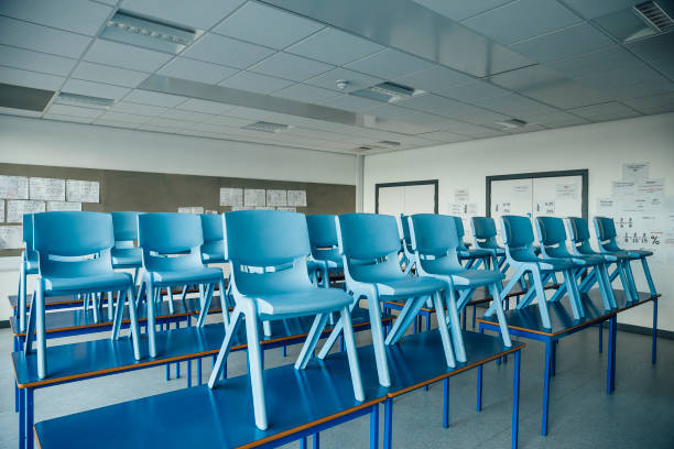 istock School Classroom with Chairs on Desks 648943226