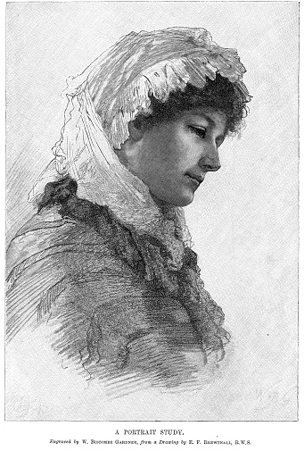 A black and white Victorian portrait of the head and shoulders of a pensive looking lady. She has a delicate lace shawl draped over her head  and shoulders. Artists E F Brewtnall RWS; engraver W Biscombe Gardner. Dated 1887