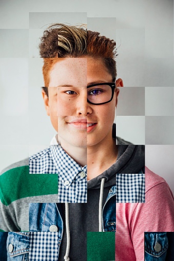 Multiple images of mixed ethnic boys arranged to produce one image of teenage boy smiling. Variation square images to make one  portrait. Plain background