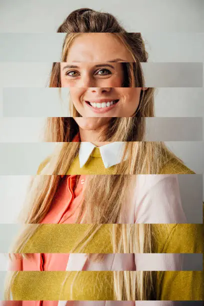 Two images of women arranged to produce one portrait of a female smiling. Variation of horizontal images on a plain background