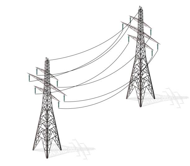 illustrazioni stock, clip art, cartoni animati e icone di tendenza di piloni vettoriali ad alta tensione su sfondo bianco, prospettiva isometrica 3d. - isometric power line electricity electricity pylon