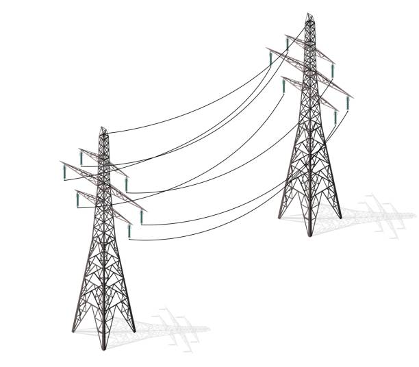 Vector high voltage pylons on white background, isometric 3d perspective. Vector high voltage pylons on white background in isometric perspective. 3d metal pole voltage, isolated background. Industrial illustration. Power line pylons with safety lock. Power plant equipment. power mast stock illustrations