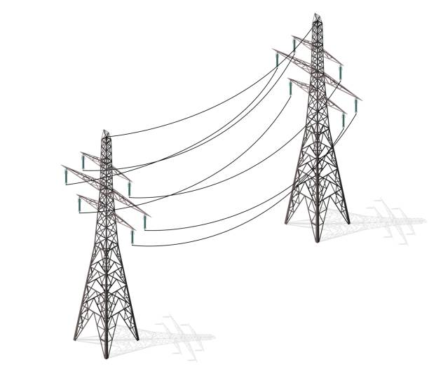 Vector high voltage pylons on white background, isometric 3d perspective. Vector high voltage pylons on white background in isometric perspective. 3d metal pole voltage, isolated background. Industrial illustration. Power line pylons with safety lock. Power plant equipment. electrical tower illustration stock illustrations