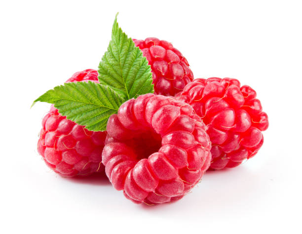 raspberry with leaves isolated on white background. - framboesa imagens e fotografias de stock