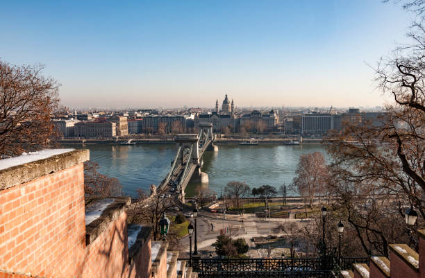 the city of budapest - danube river chain bridge budapest hungary imagens e fotografias de stock