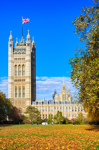 Victoria Tower Gardens and the Victoria Tower of the Houses of Parliament in London, United Kingdom during an autumn day. Victoria Tower Gardens is a public park along the north bank of the River Thames in London, adjacent to the Westminster Palace.