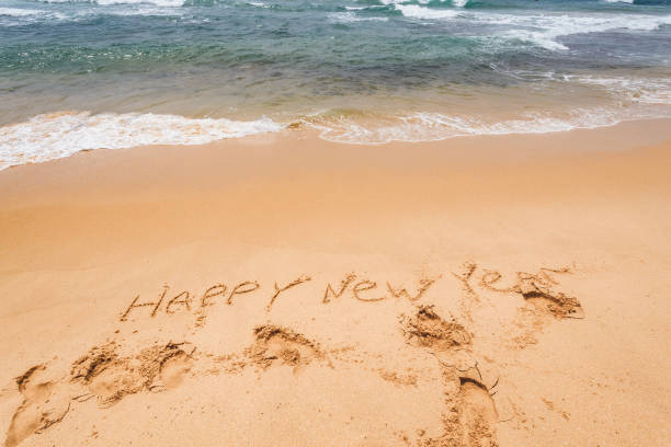 istock New Year text on the sea beach. 648991036