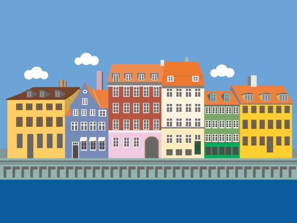 Panoramic view of Nyhavn, Copenhagen, Denmark Panoramic view of Nyhavn Harbor, Copenhagen, Denmark. Vector illustration nyhavn stock illustrations