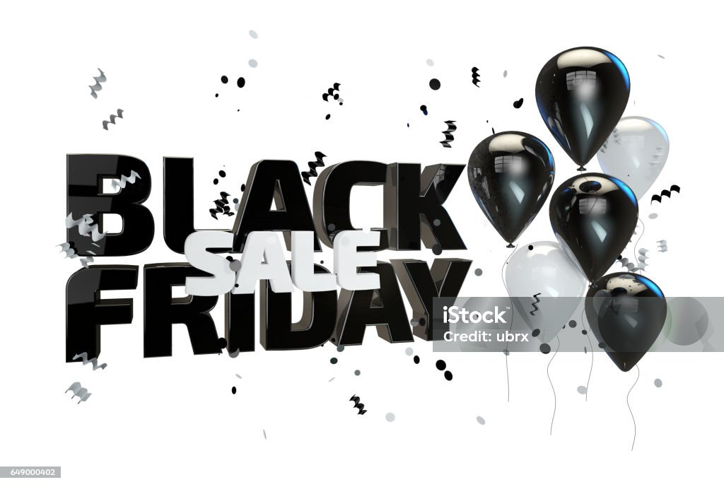 3D illustration of Black friday sale poster. Sale banner with balloons and confetti Black friday sale poster, banner with balloons and confetti isolated on white. 3D illustration Advertisement Stock Photo