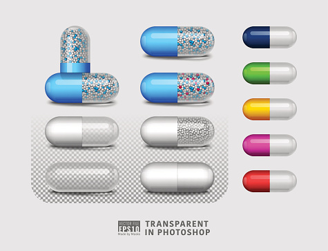 Vector illustration image set of isolated, empty, transparent, full pill composition with reflections made by vector masks on background. Easy to copy paste in different graphic design software