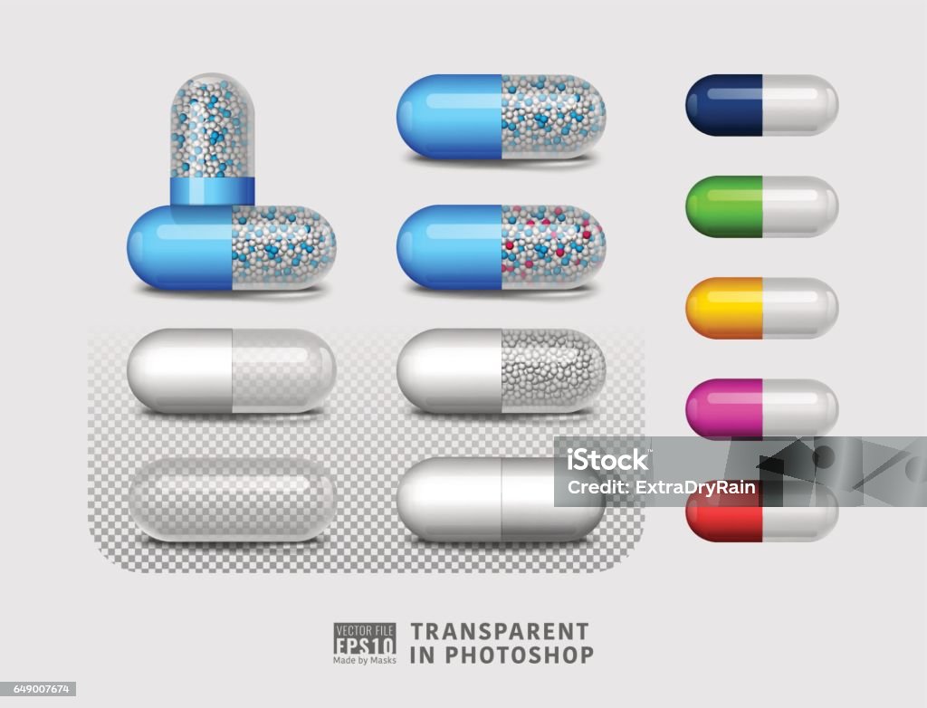 Set of isolated pill drug on transparent background Vector illustration image set of isolated, empty, transparent, full pill composition with reflections made by vector masks on background. Easy to copy paste in different graphic design software Capsule - Medicine stock vector