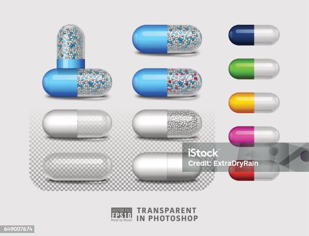 Set Of Isolated Pill Drug On Transparent Background Stock Illustration - Download Image Now