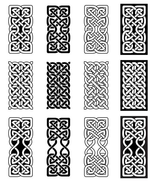 illustrations, cliparts, dessins animés et icônes de symboles de rectangle de nœud infini de style celtique en blanc et noir inspiré par l’art de sculpture irlandaise st patrick s jour et les irlandais et les écossais - tied knot celtic culture seamless pattern