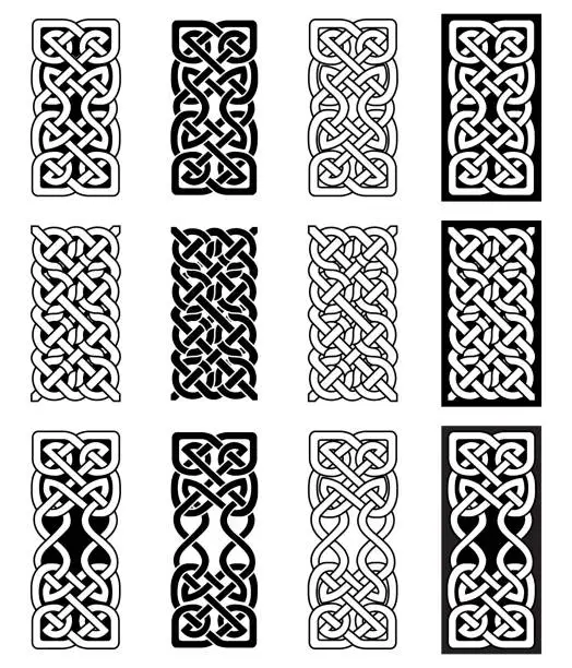 Vector illustration of Celtic style endless knot rectangle symbols in white and black inspired by Irish St Patrick's Day, and Irish and Scottish carving art