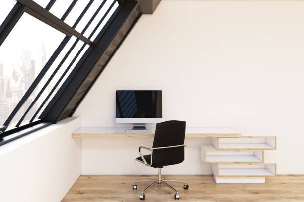 istock Front view of home office in attic 649015534