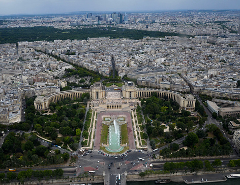 the trocadero in paris with its fountains and the green spaces seen from the Eiffel Tower