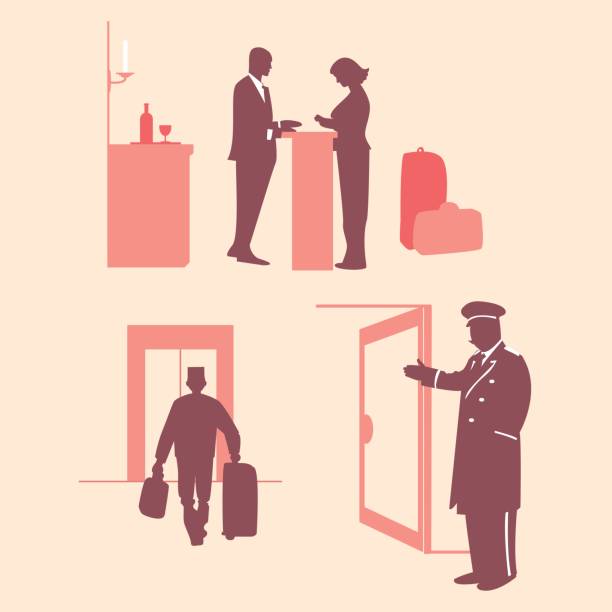 Hotel services. Reception. Hotel services. Reception. Doorman invites you to enter hotel. Bellboy carries suitcases to elevator. Porter serves customer. doorman stock illustrations