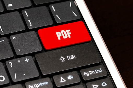 PDF on Red Enter Button on black keyboard.